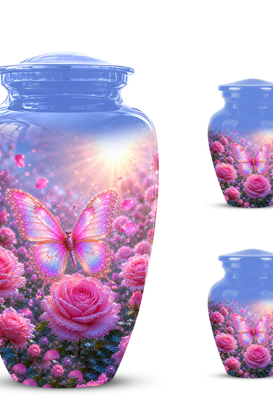 Pink Butterfly On Flower Funeral Urn - Handcrafted Urns For Mom Ashes