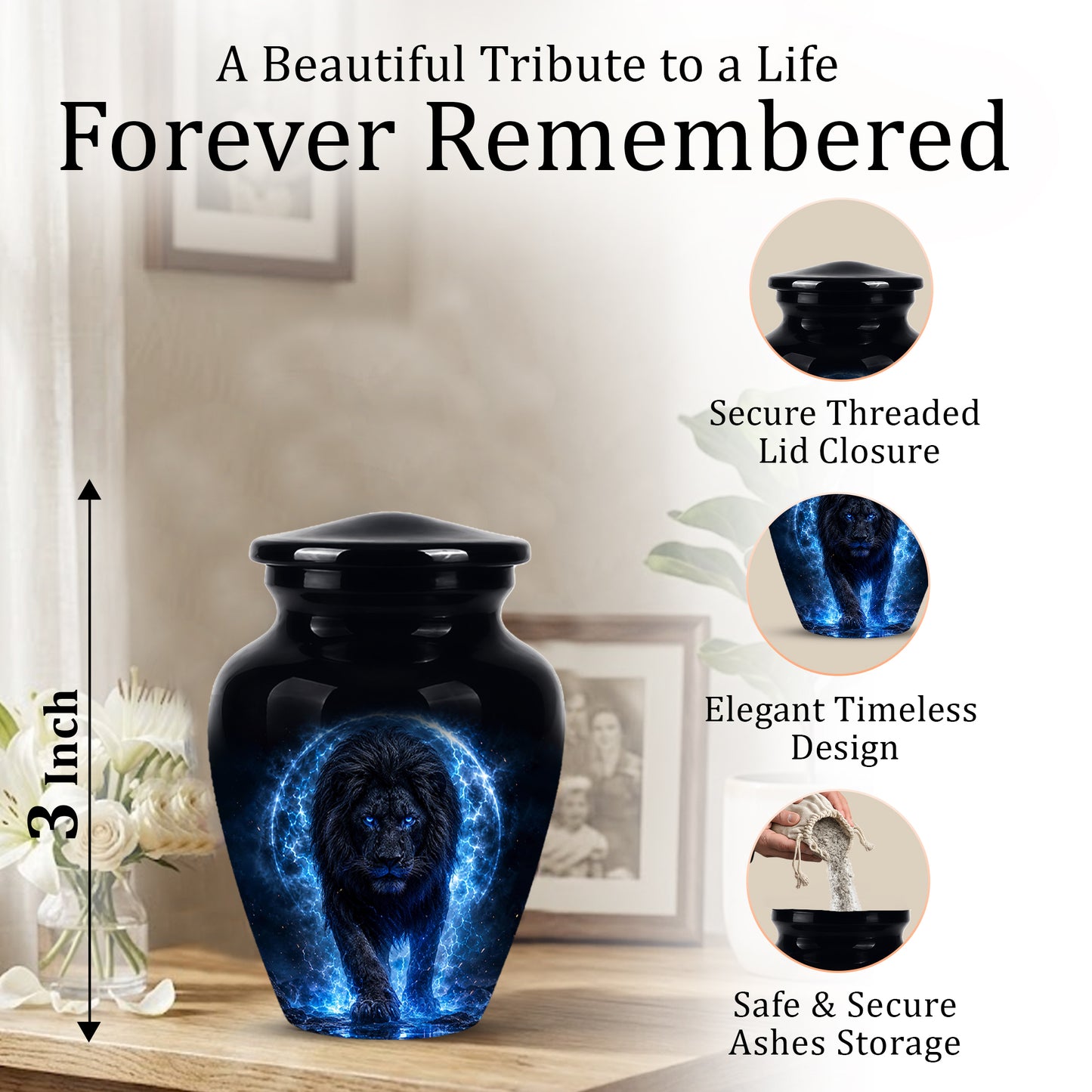 Black Lion Cremation Urns - Personalized Memorial Urns For Human Ashes