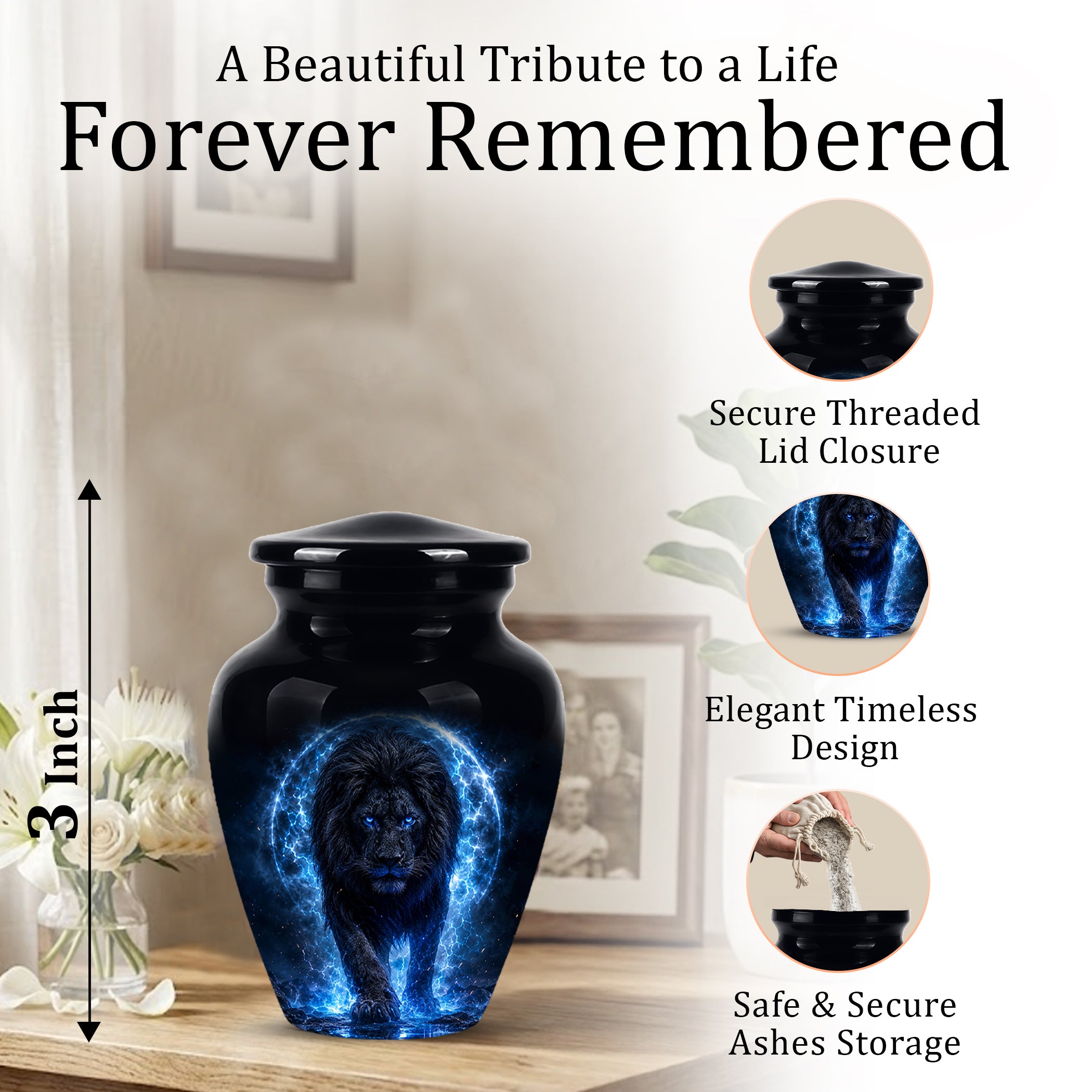 Black Lion Cremation Urns - Personalized Memorial Urns For Human Ashes