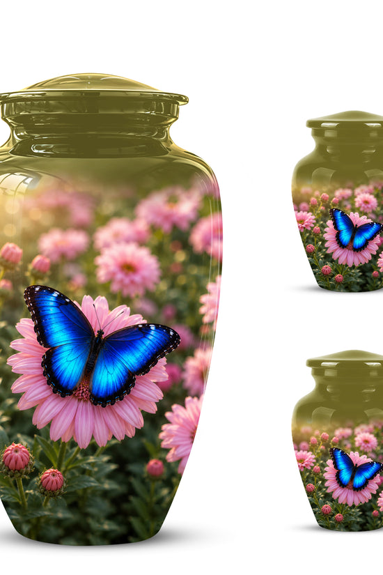 Personalized Blue Butterfly Urn - Pink Flower Memorial Urns For Ashes