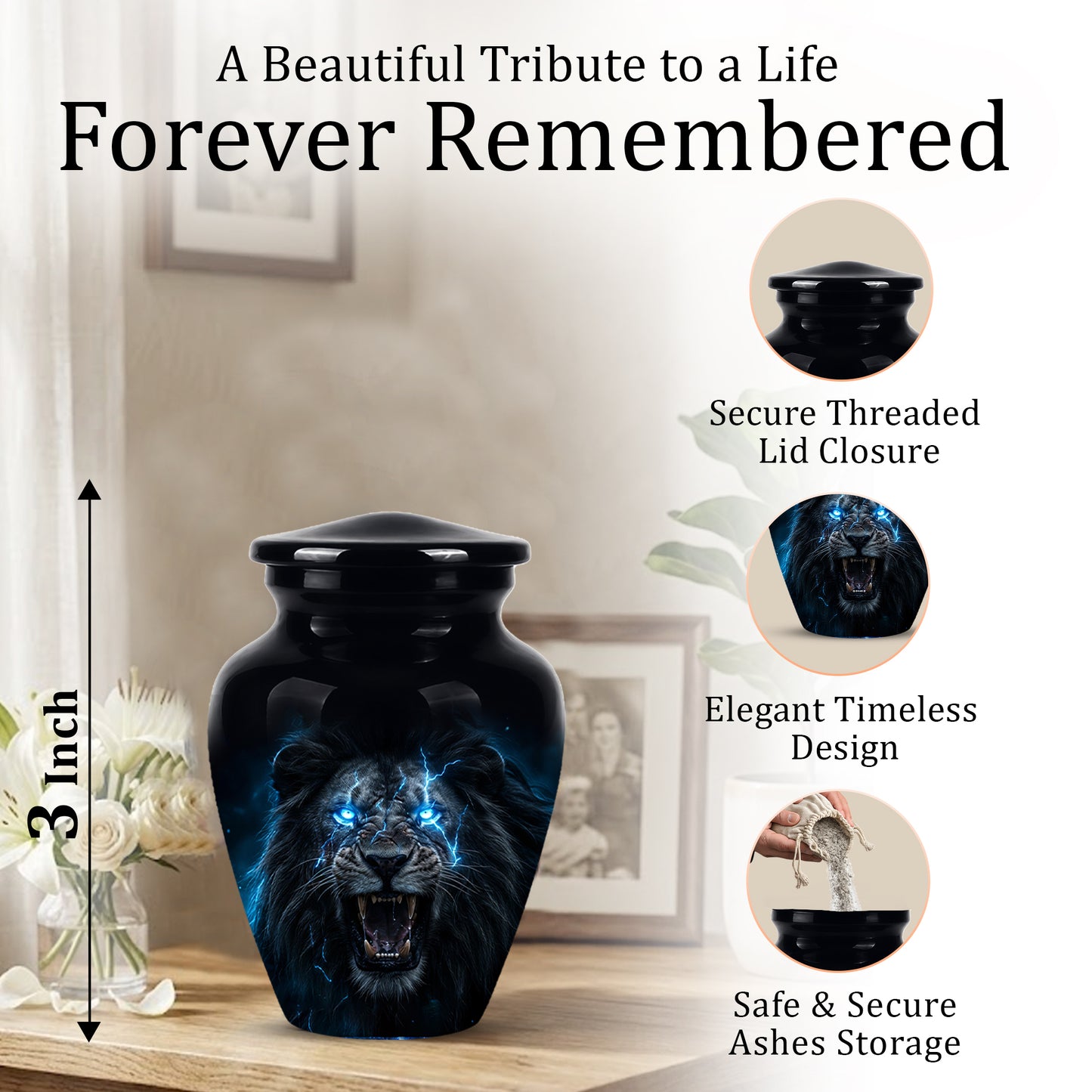 Black Lion Memorial Urns - Custom Handmade Burial Urns For Human Ashes