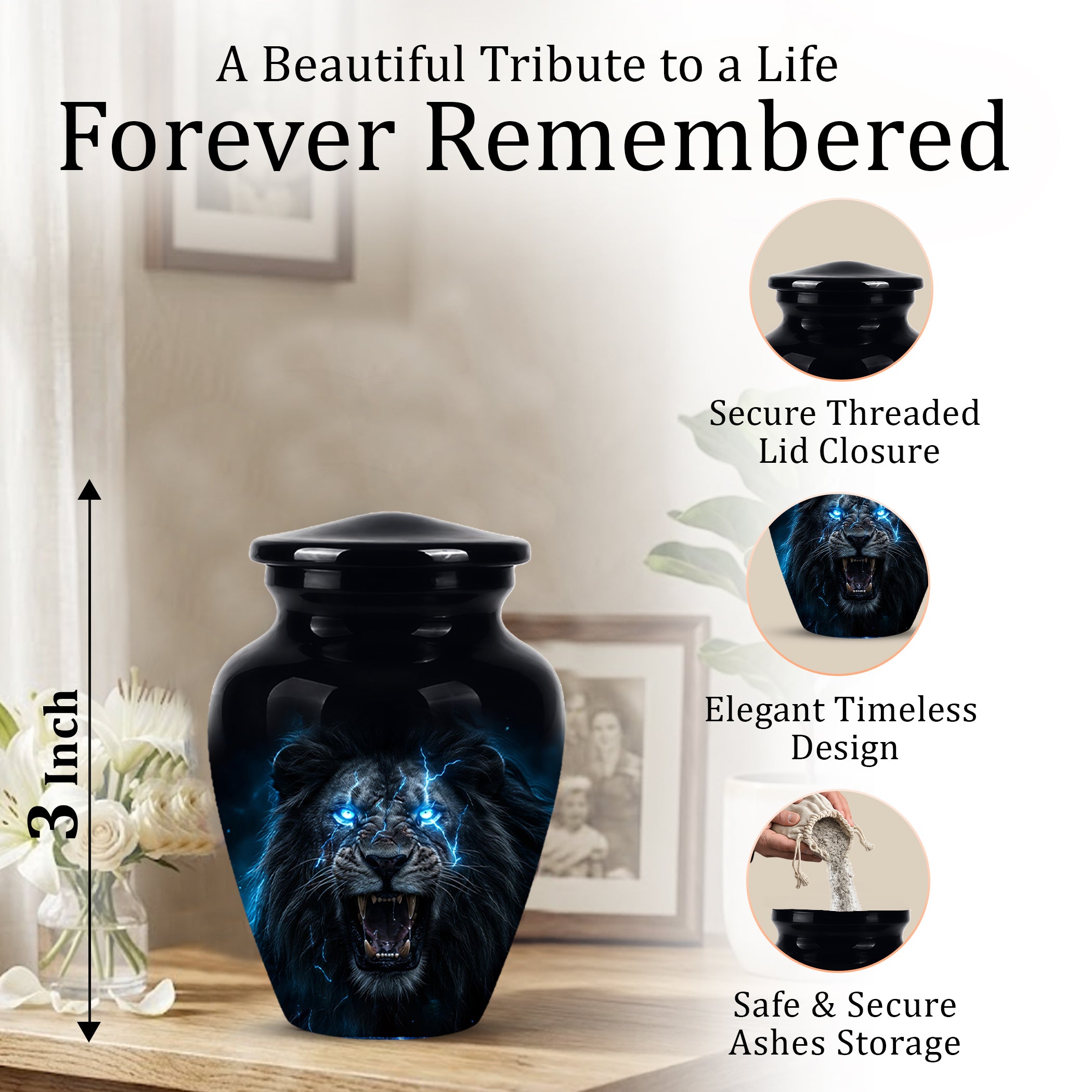 Black Lion Memorial Urns - Custom Handmade Burial Urns For Human Ashes