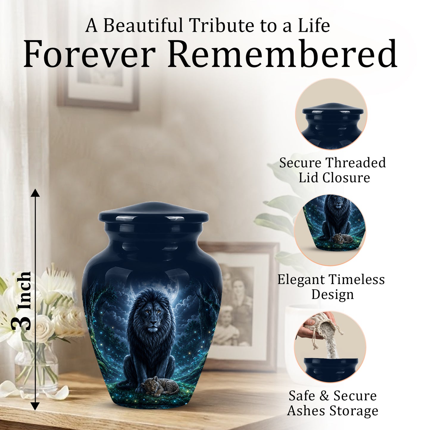 Lion And Moon Memorial Urn - Lion Adult Male Funeral Urns For Ashes