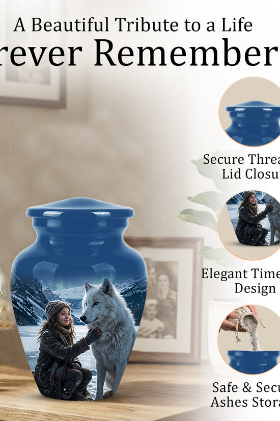 Snowy Moonlit White Wolf Urn for Ashes | Custom Memorial Urn