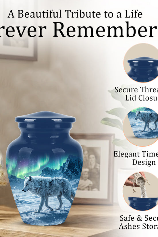 Snowy Wolf Cremation Urn - Northern Light Memorial Urn For Human Ashes