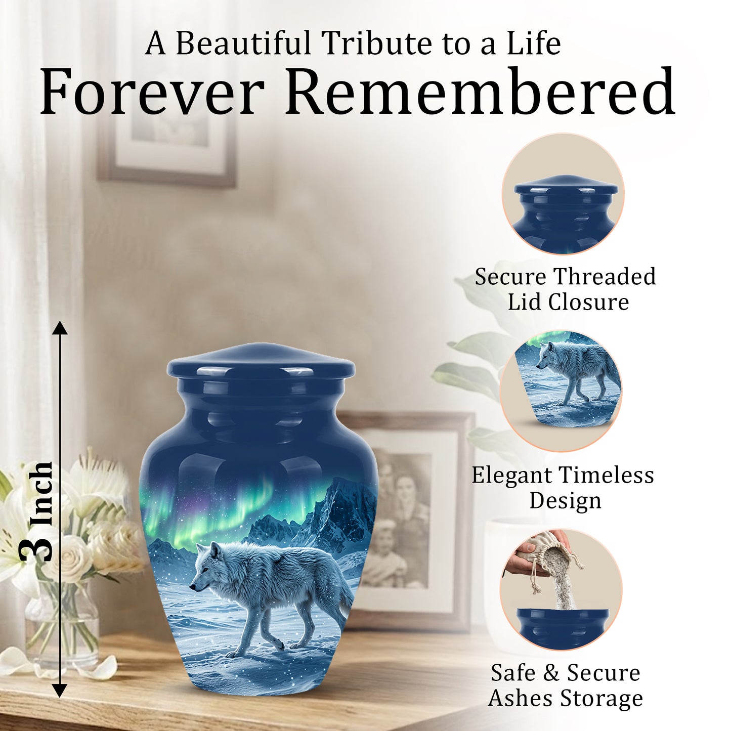 Snowy Wolf Cremation Urn - Northern Light Memorial Urn For Human Ashes
