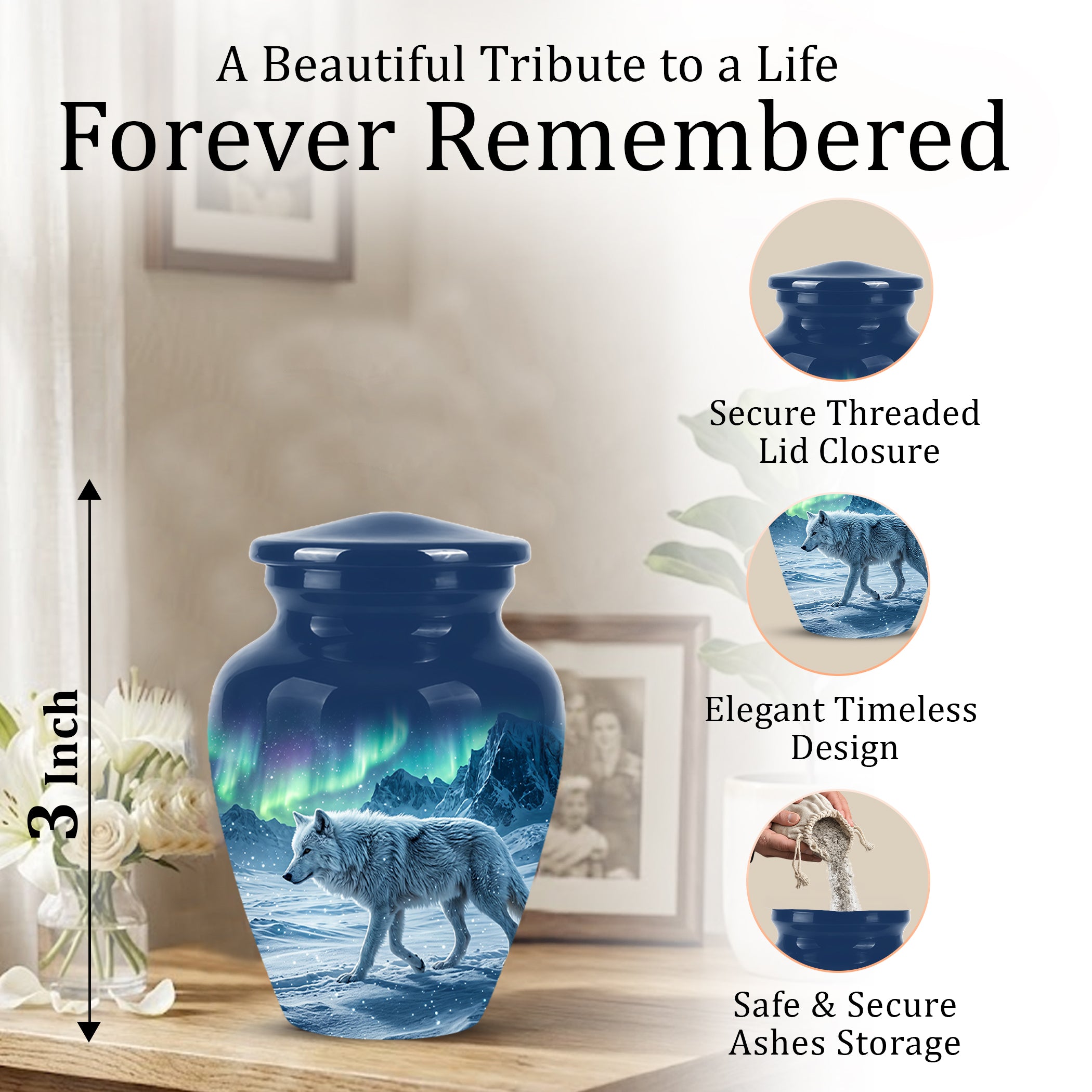 Snowy Wolf Cremation Urn - Northern Light Memorial Urn For Human Ashes