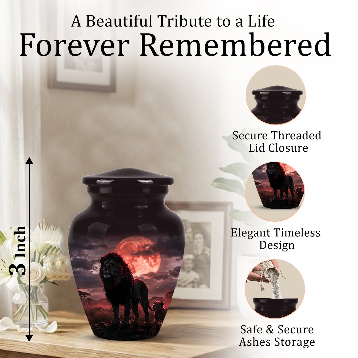 Lion Themed Cremation Urns - Blood Moon Scenic Urns For Loved Ones