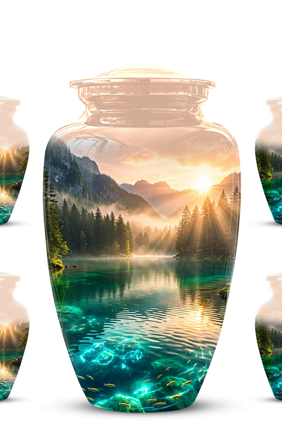 Serene Mountain Lake Cremation Urn- Custom Memorial Art Urns For Ashes