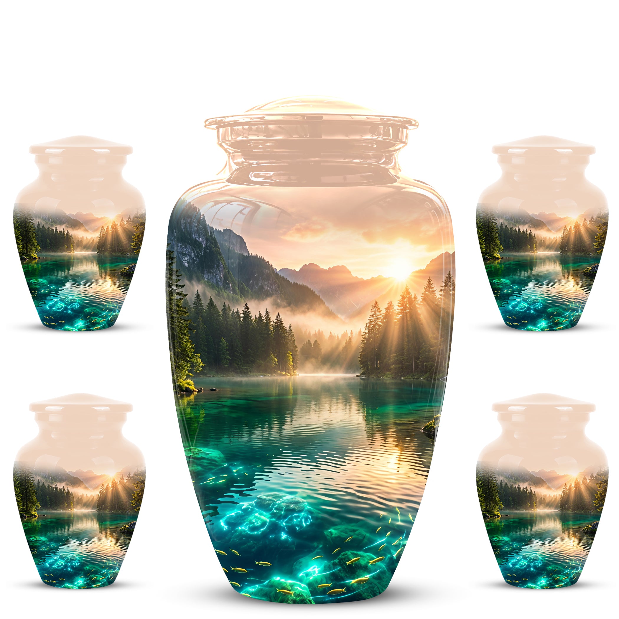 Serene Mountain Lake Cremation Urn- Custom Memorial Art Urns For Ashes