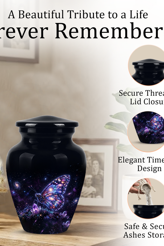 Purple Butterfly Cremation Urn - Beautiful Black Urns For Human Ashes