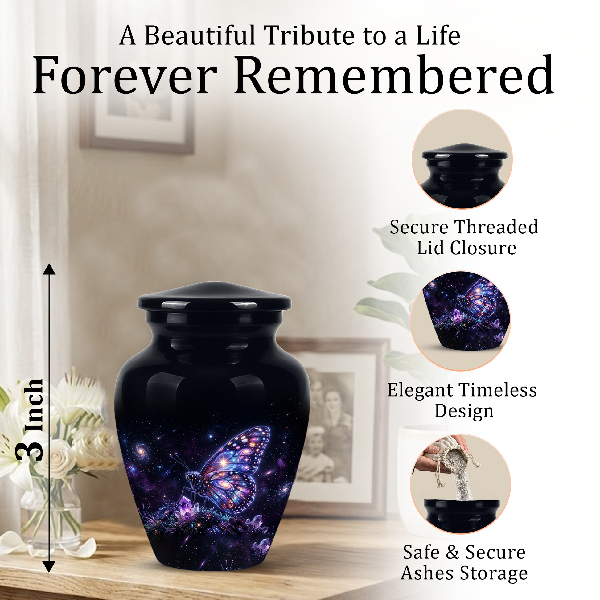 Purple Butterfly Cremation Urn - Beautiful Black Urns For Human Ashes
