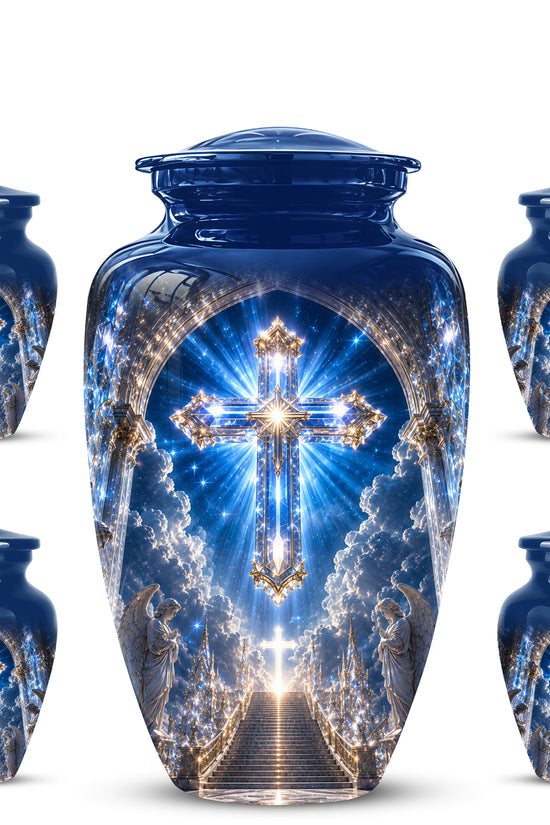 Heavenly Cross Cremation Urn – Blue Memorial Urn For Human Ashes