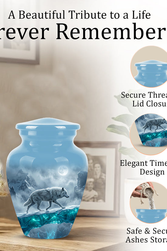 White Wolf In Snow Themed Urn - Classic Custom Urns For Human Ashes