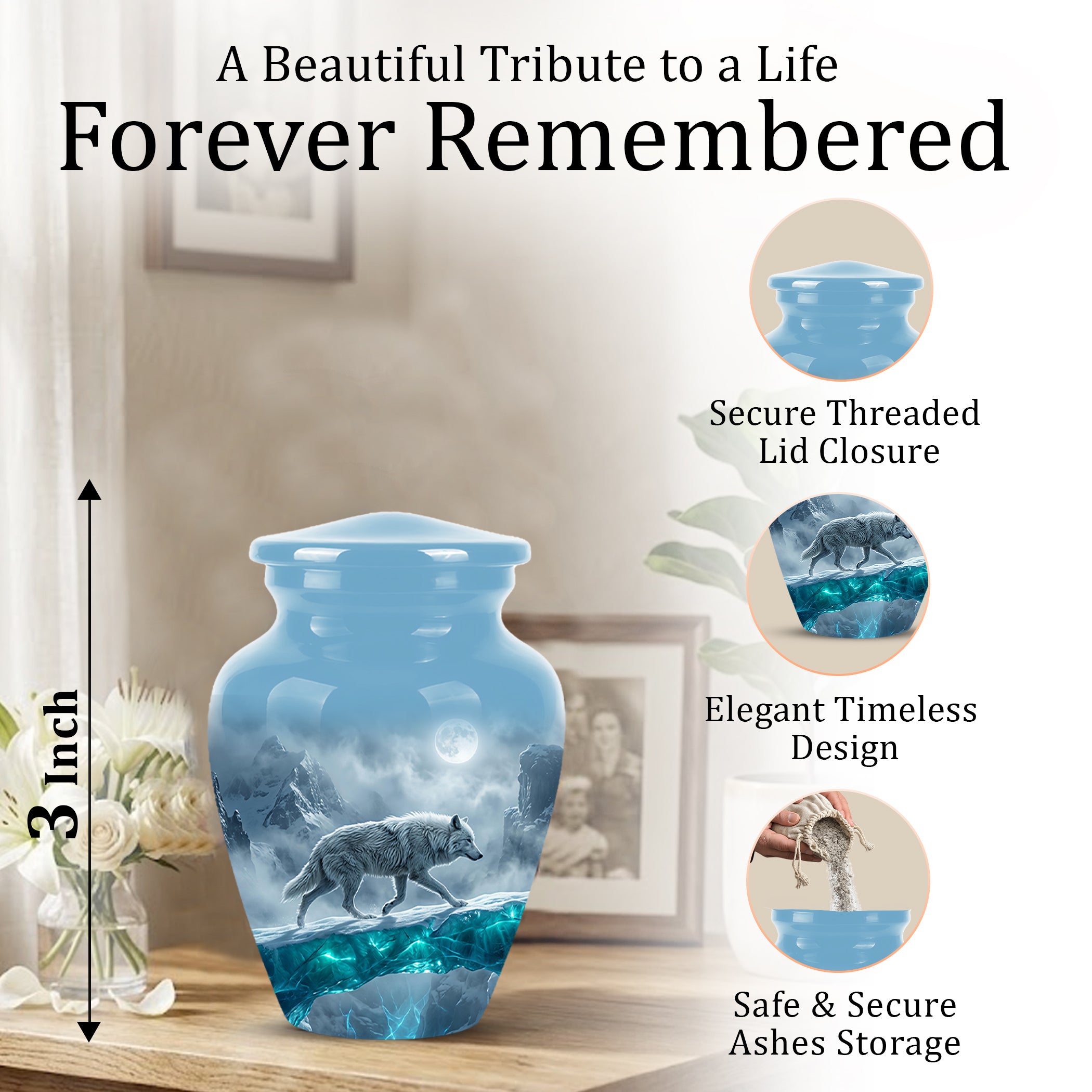 White Wolf In Snow Themed Urn - Classic Custom Urns For Human Ashes