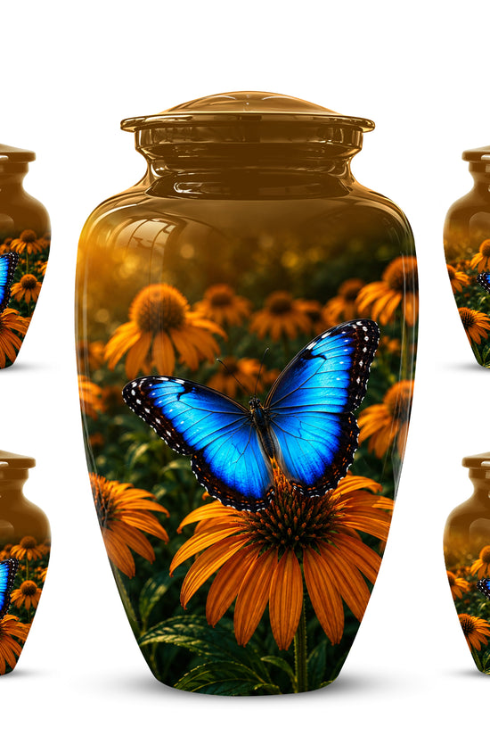 Blue Butterfly On Flower Cremation Urn - Personalized Urns For Mom Ashes