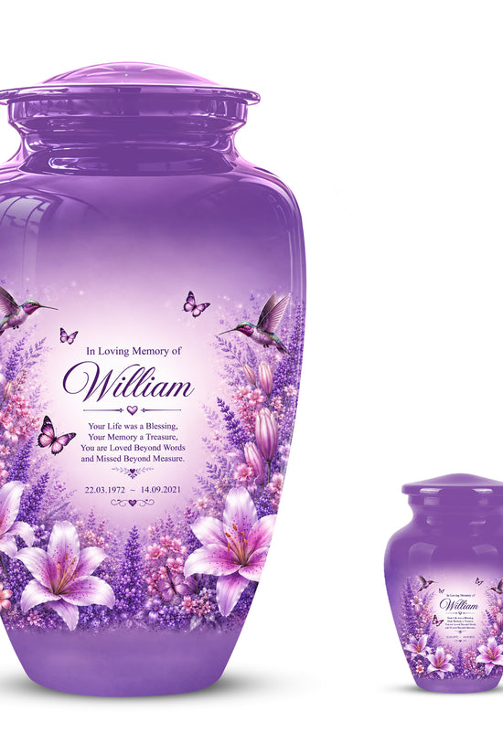 Lavender Hummingbird Urn – Purple Floral Urn for Human Ashes
