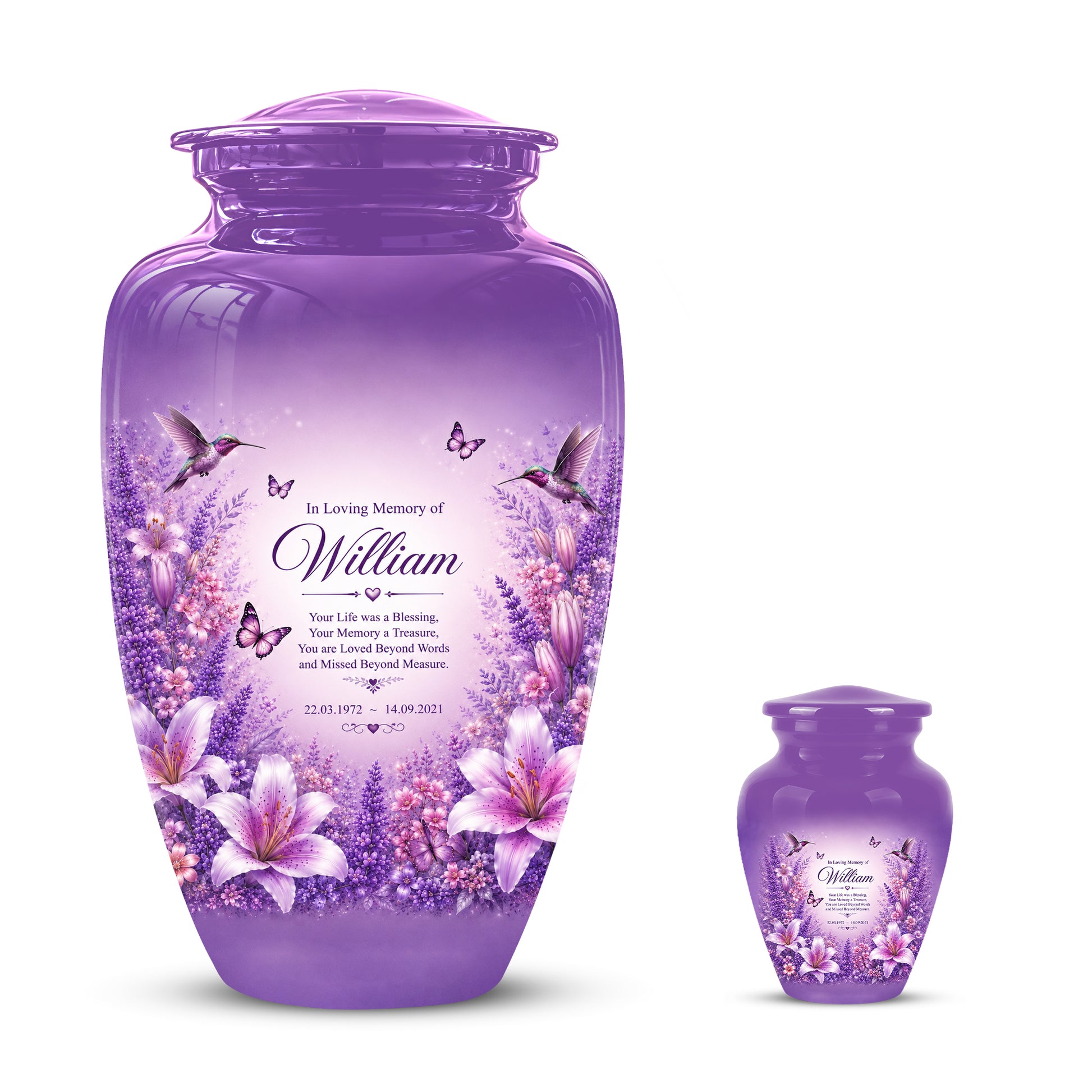Lavender Hummingbird Urn – Purple Floral Urn for Human Ashes