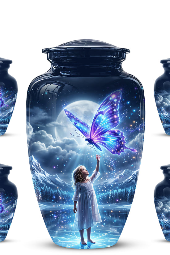 Colorful Butterfly With Girl Child - Beautiful Funeral Urns For Ashes