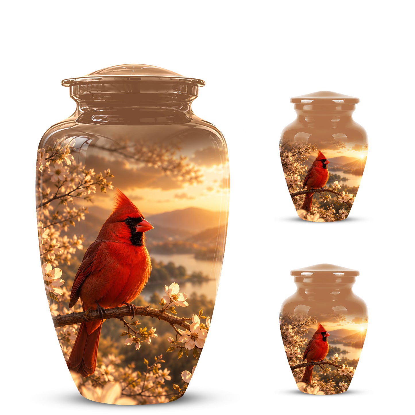 Red Cardinal Bird - Beautiful Sunset Scenic Burial Urns For  Ashes