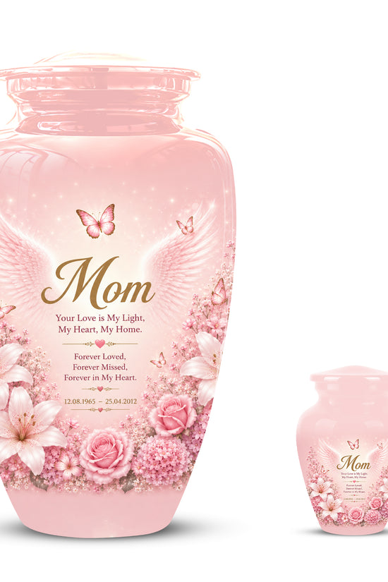 Angel Wings Funeral Urn for Mom – Pink Aluminium Burial Urn for Human Ashes