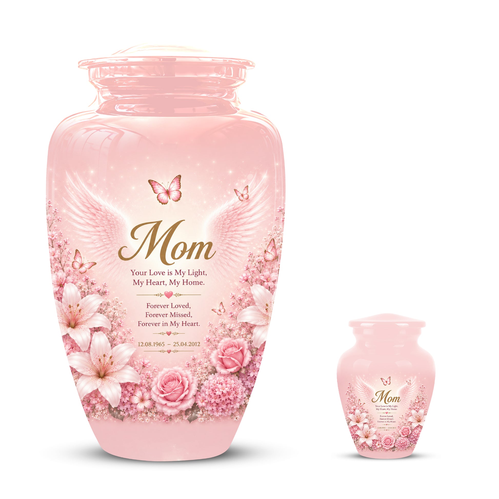Angel Wings Funeral Urn for Mom – Pink Aluminium Burial Urn for Human Ashes