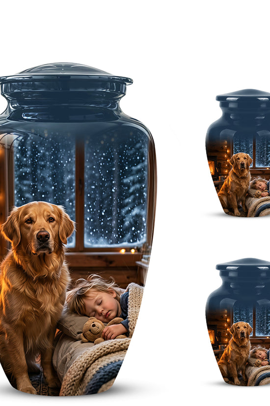 Golden Retriever Dog With Child - Beautiful Custom Pet Urns For Ashes