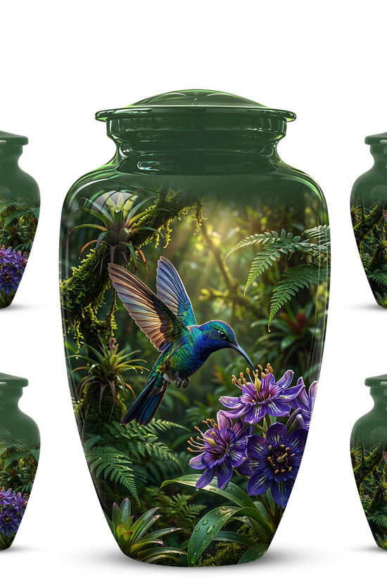 Flying Hummingbird Themed Urn - Beautiful Purple Flower Cremation Urns