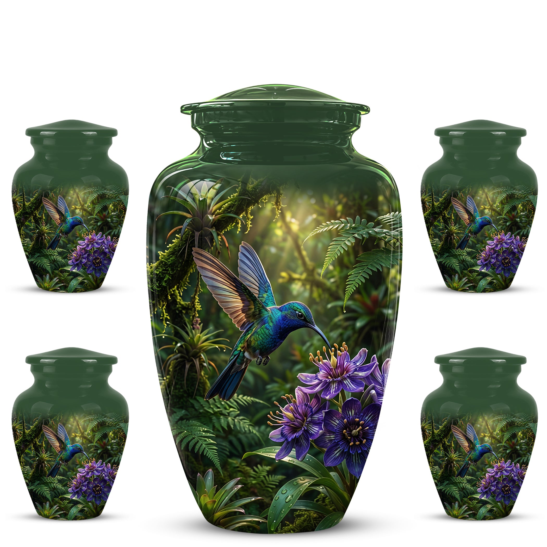 Flying Hummingbird Themed Urn - Beautiful Purple Flower Cremation Urns