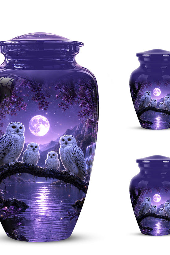 Snowy Owl Family Themed Cremation Urn - Purple Moonlight Memorial Urns