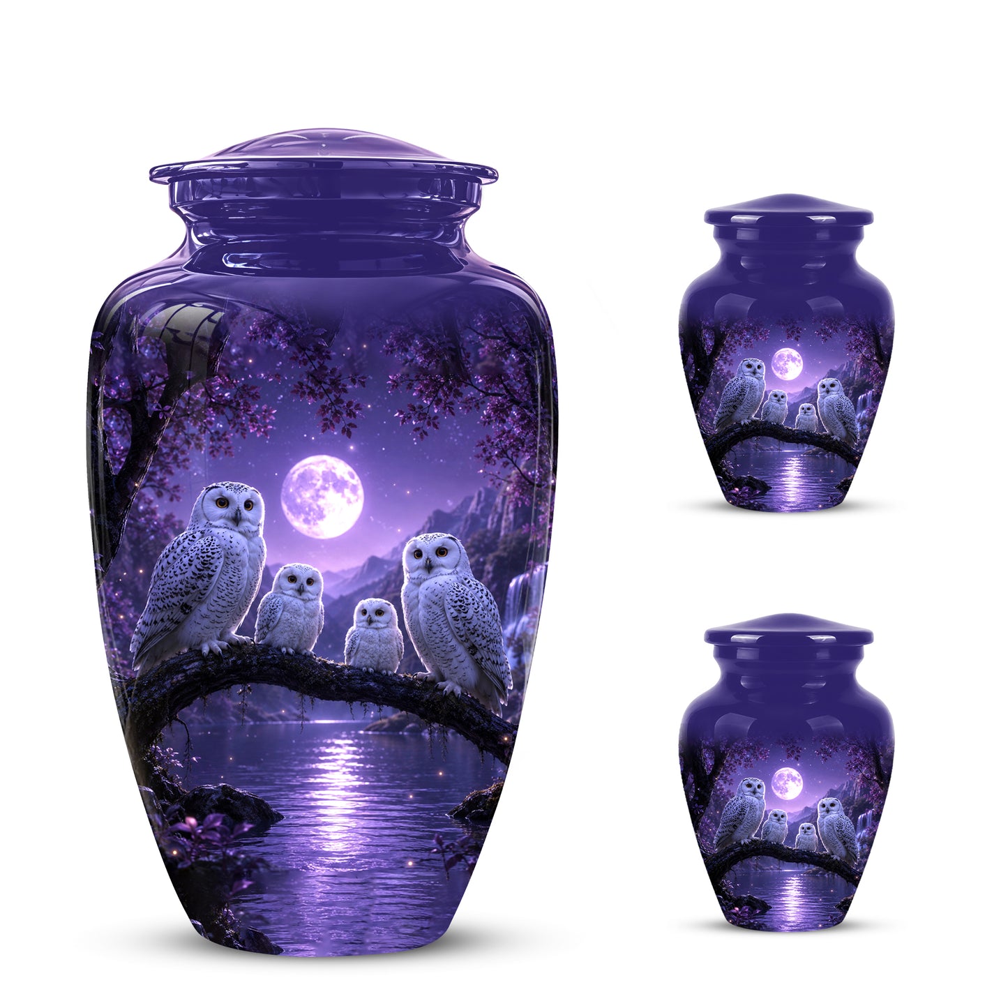 Snowy Owl Family Themed Cremation Urn - Purple Moonlight Memorial Urns