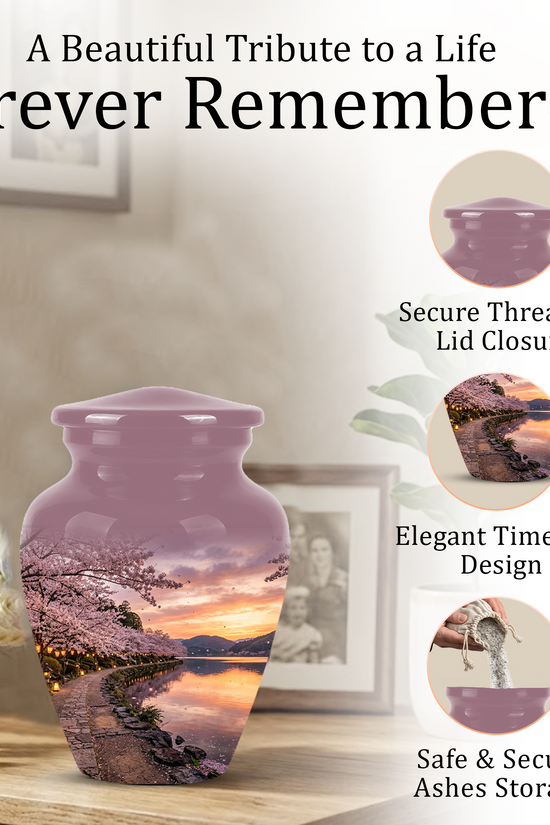 Pink Spring Tree Cremation Urns - Beautiful Nature Sunset Burial Urns