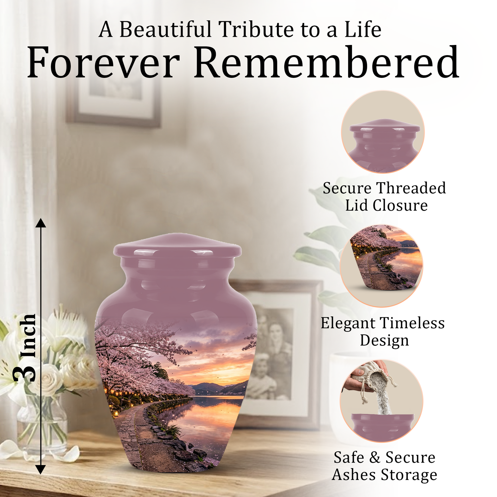 Pink Spring Tree Cremation Urns - Beautiful Nature Sunset Burial Urns