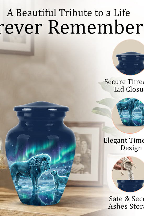 Lion & Cub Aurora Borealis Urn - Personalized Lion Urns For Human Ashes