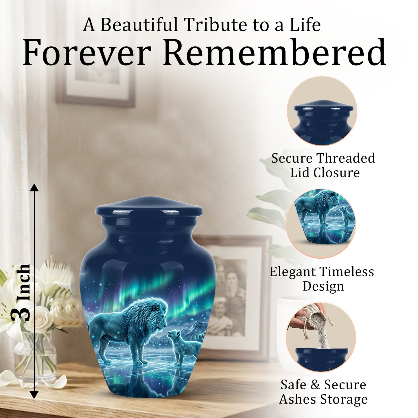 Lion & Cub Aurora Borealis Urn - Personalized Lion Urns For Human Ashes