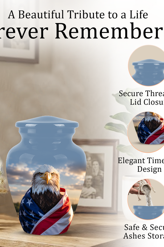 Bald Eagle Draped in American Flag - Patriotic Burial Urns For Human Ashes