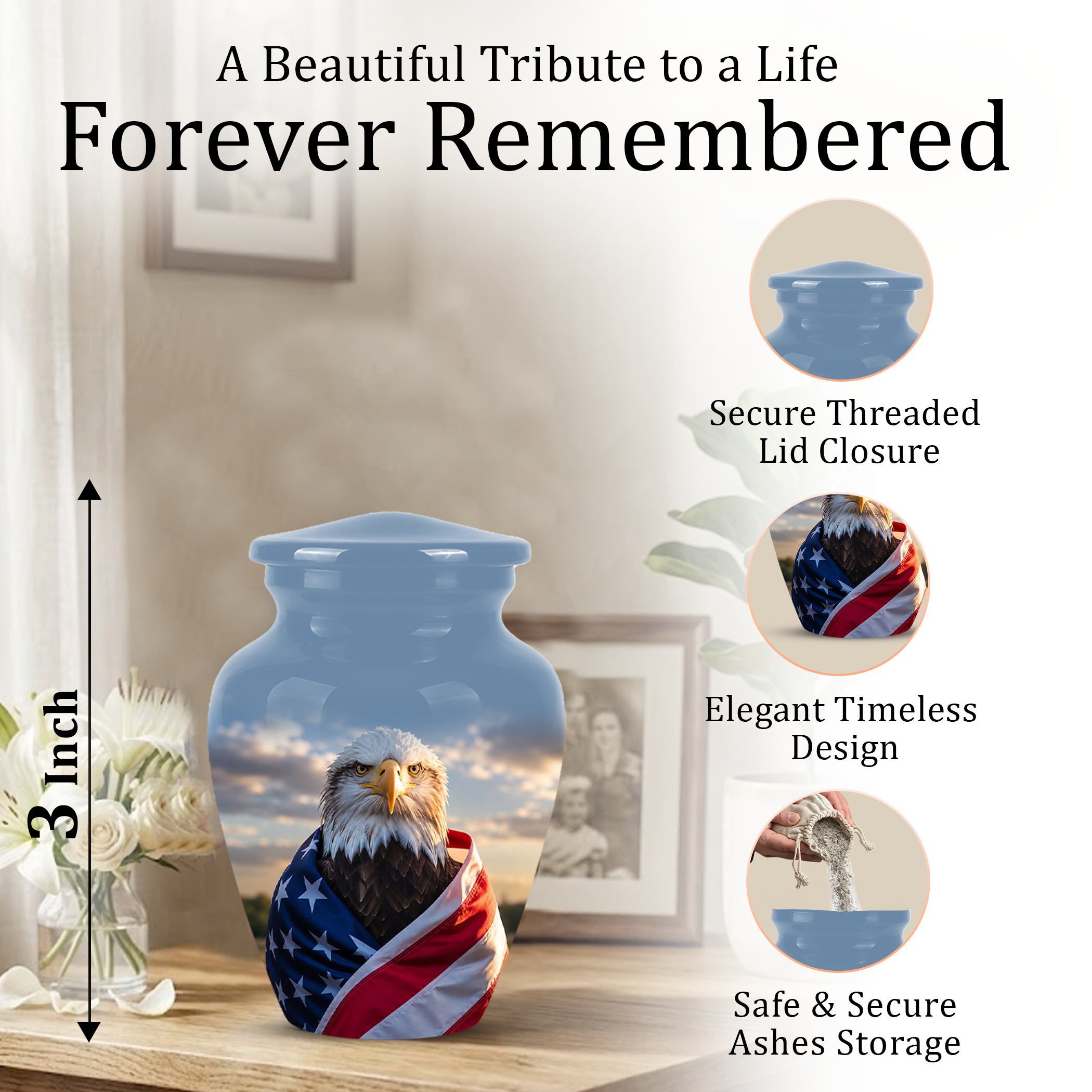 Bald Eagle Draped in American Flag - Patriotic Burial Urns For Human Ashes