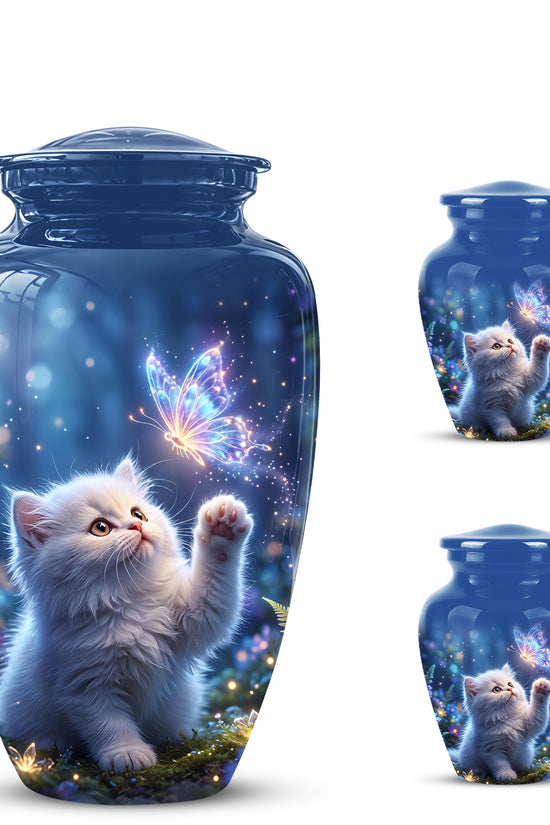 White Cat With Majestic Butterfly - Blue Cremation Urns For Human Ashes