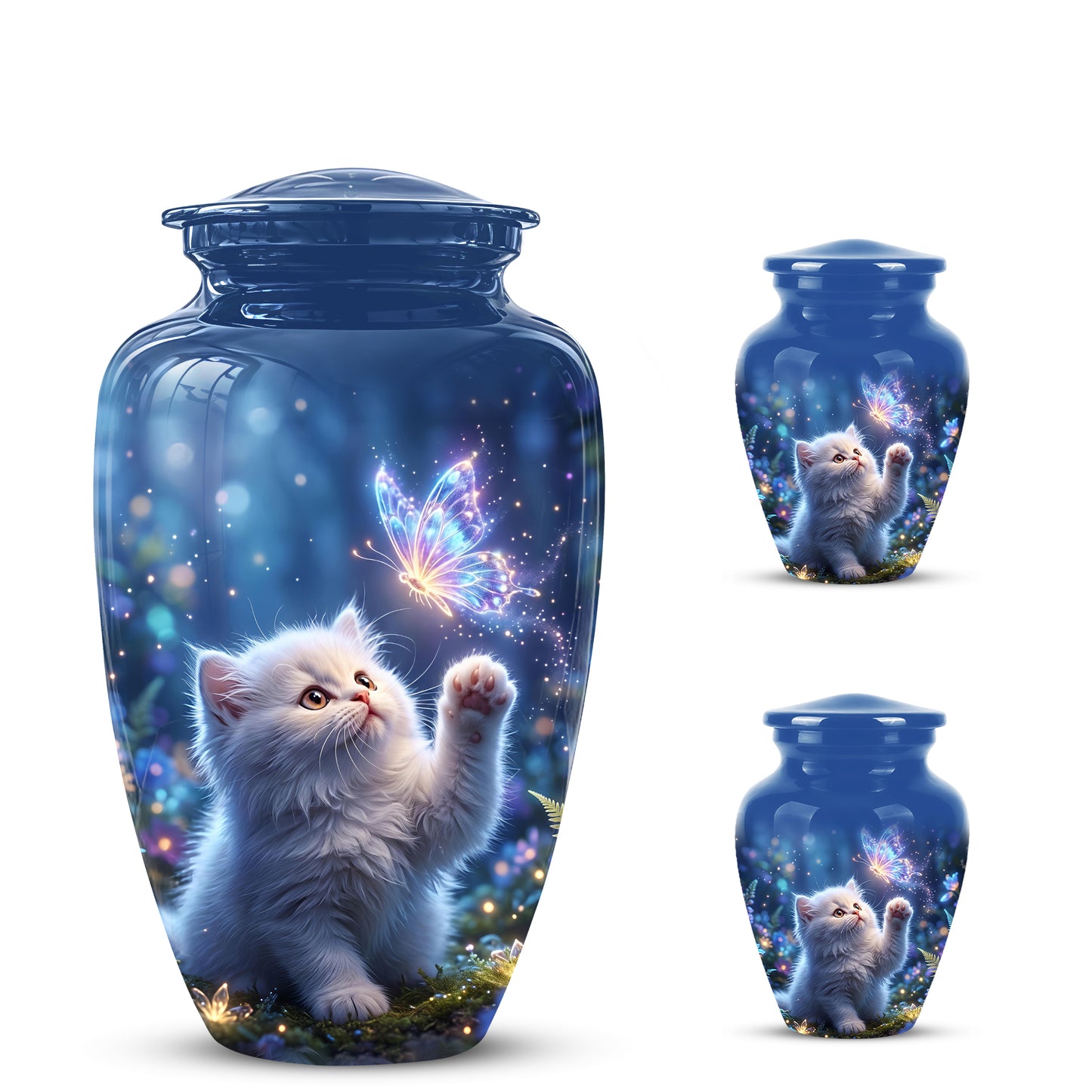 White Cat With Majestic Butterfly - Blue Cremation Urns For Human Ashes