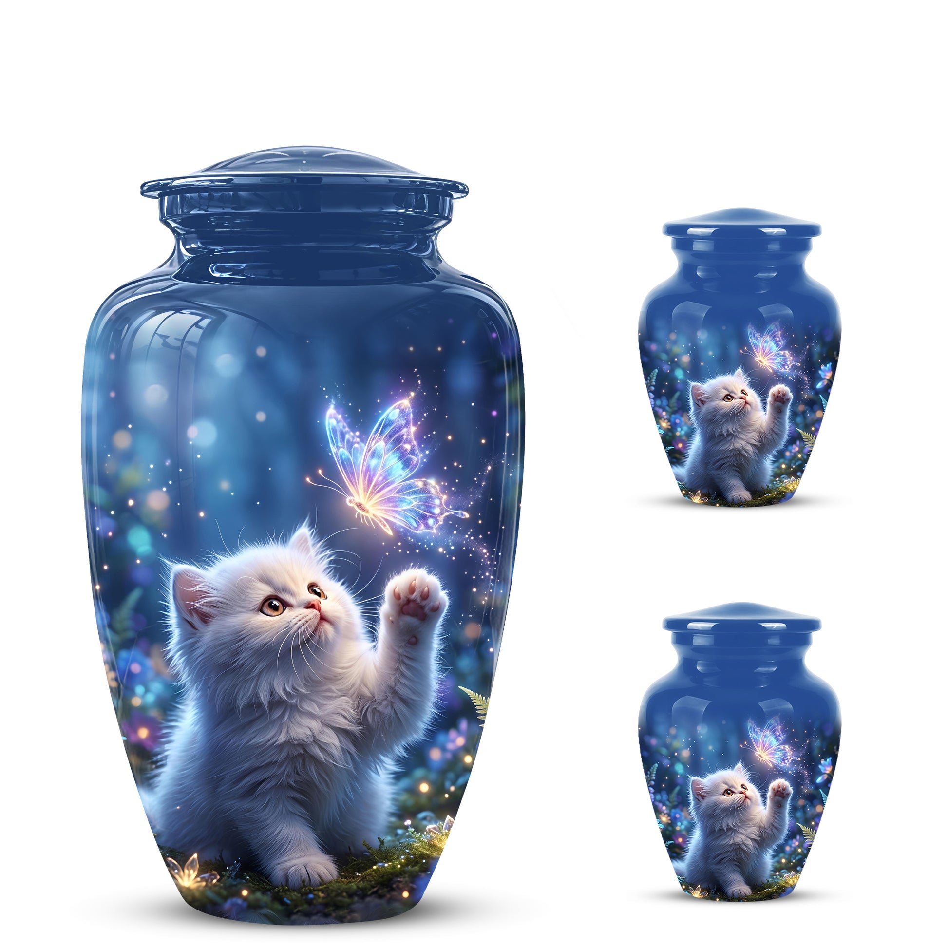 White Cat With Majestic Butterfly - Blue Cremation Urns For Human Ashes