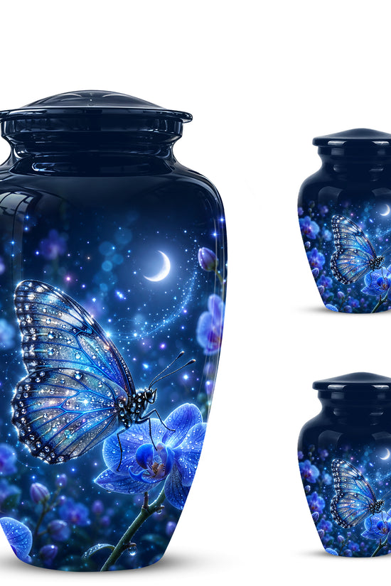 Blue Butterfly On Flower -Starry Night Burial Urns For Human Ashes