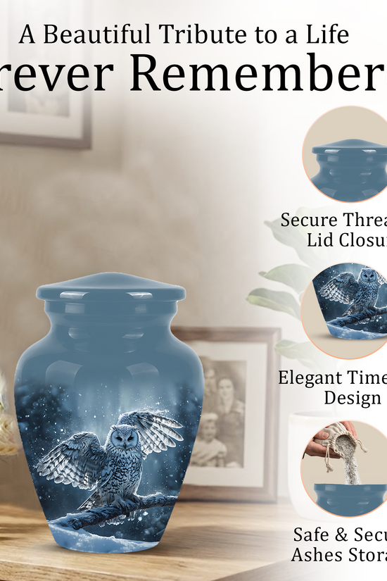 Snowy Owl Cremation Urn - Blue Funeral Urns For Human Ashes