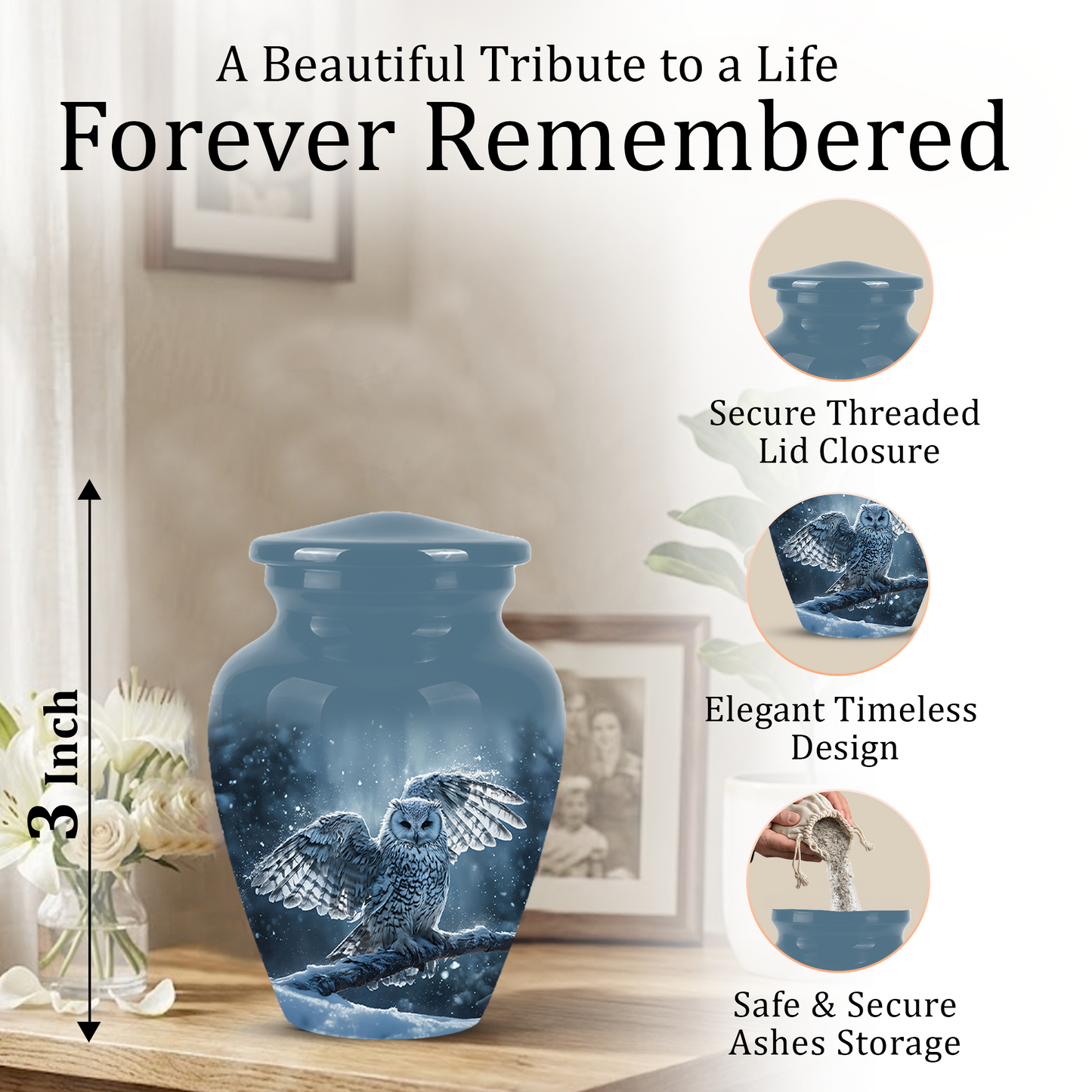 Snowy Owl Cremation Urn - Blue Funeral Urns For Human Ashes