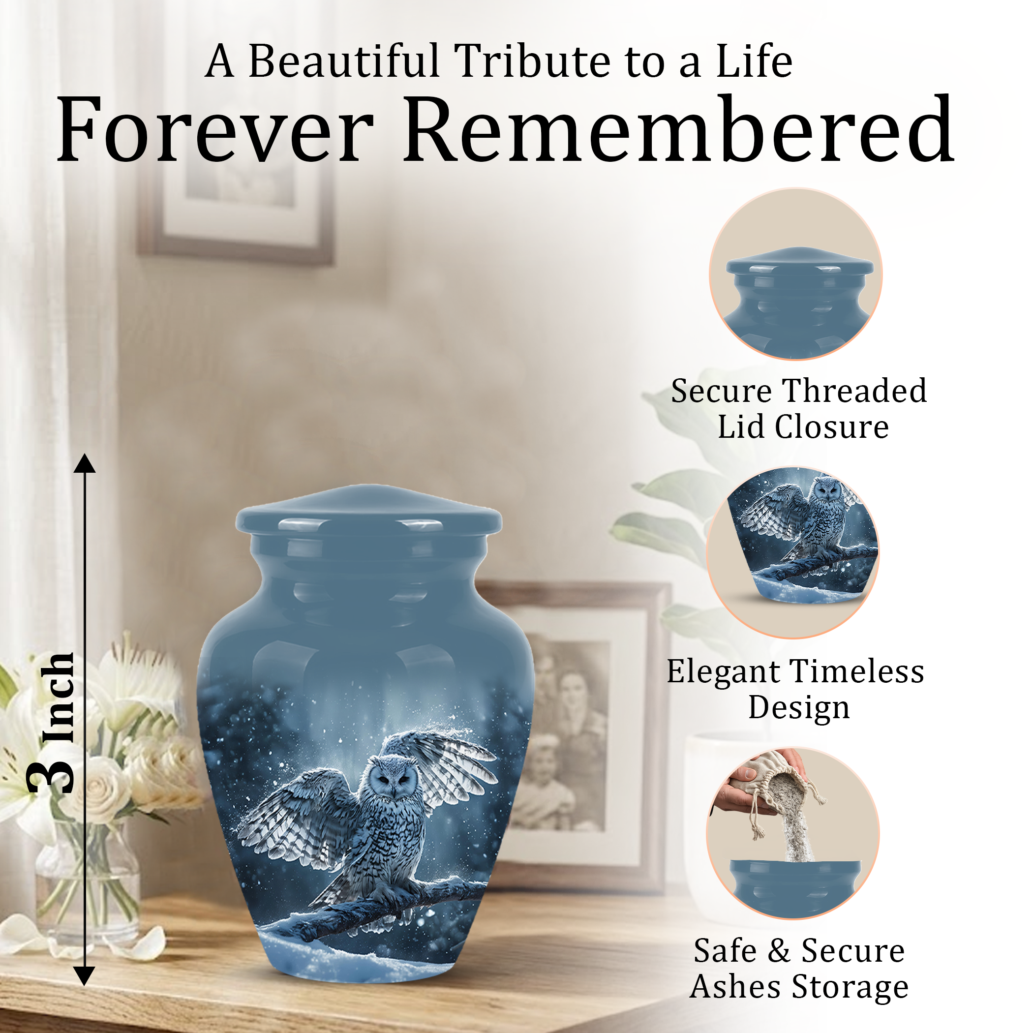 Snowy Owl Cremation Urn - Blue Funeral Urns For Human Ashes
