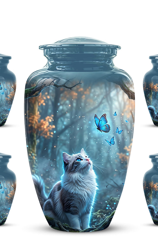 White Cat With Flying Butterfly - Custom Handcrafted Urns For Humans