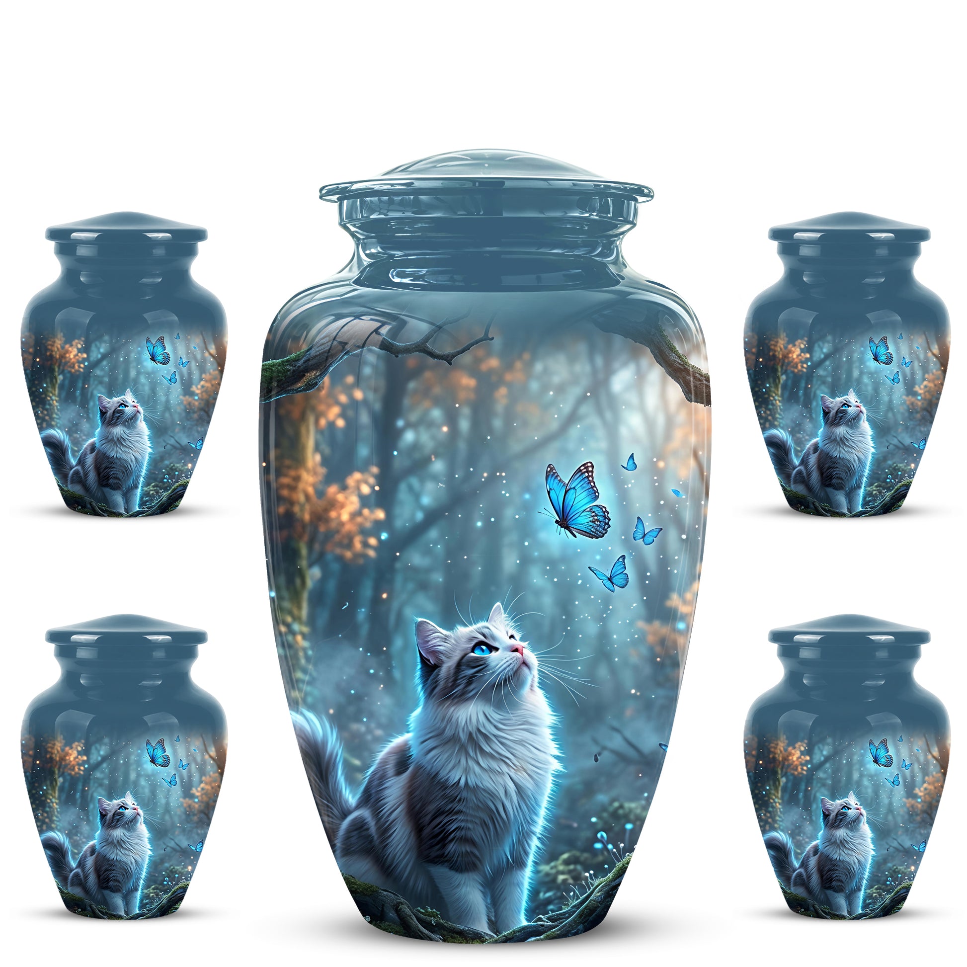 White Cat With Flying Butterfly - Custom Handcrafted Urns For Humans