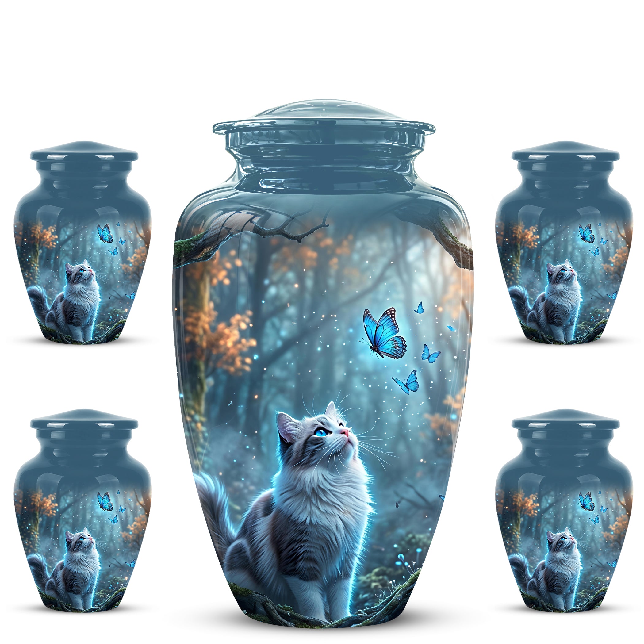 White Cat With Flying Butterfly - Custom Handcrafted Urns For Humans
