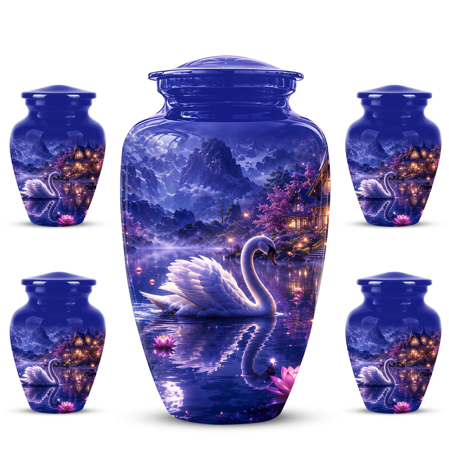 White Swan Cremation Urn - Night Landscape Funeral Urns For Human Ashes