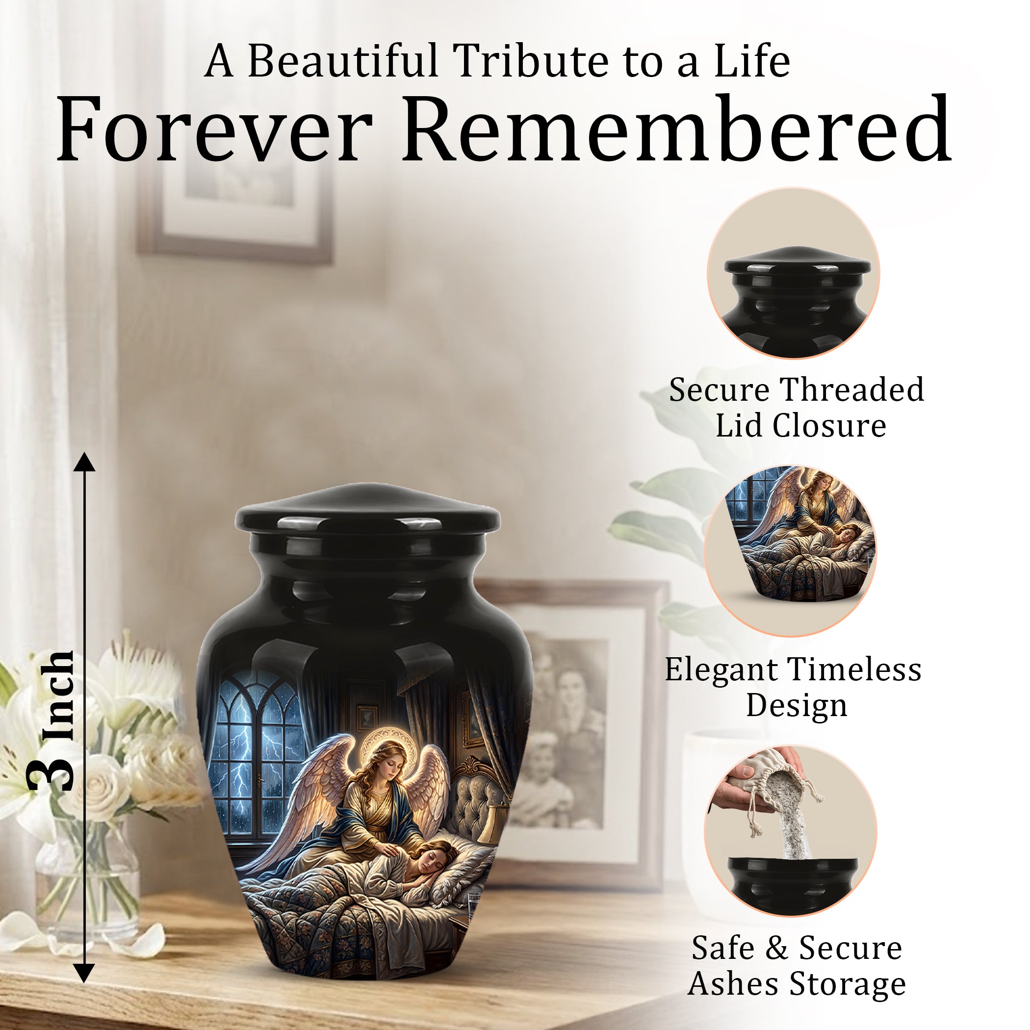Angel Mom Cremation Urn - Black Memorial Urns For Mother Ashes