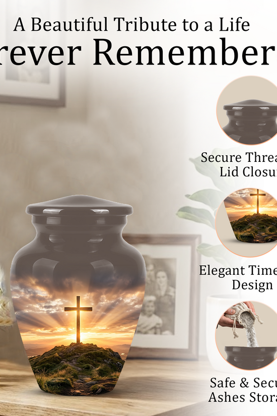 Christian Cross Cremation Urn - Sunrise Scenic Burial Urns For Human Ashes